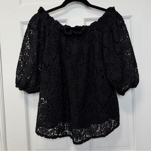 Maeve by Anthropologie Black Floral Crochet Ruffle Puff Sleeve Blouse Size Small